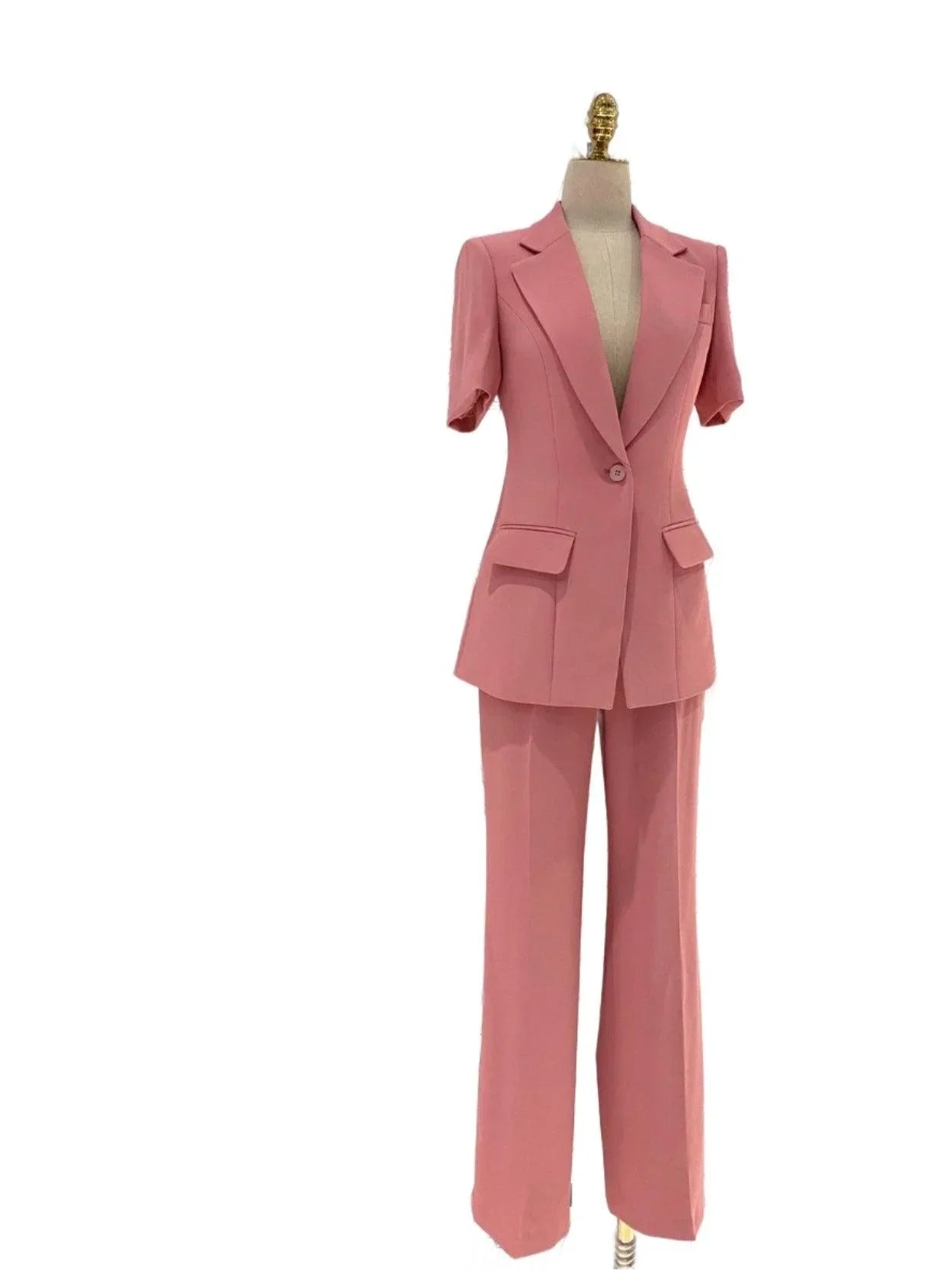 Pink Short-Sleeved Women Pant Suit, Thin Fabric Wide-Leg Pants -Guocali