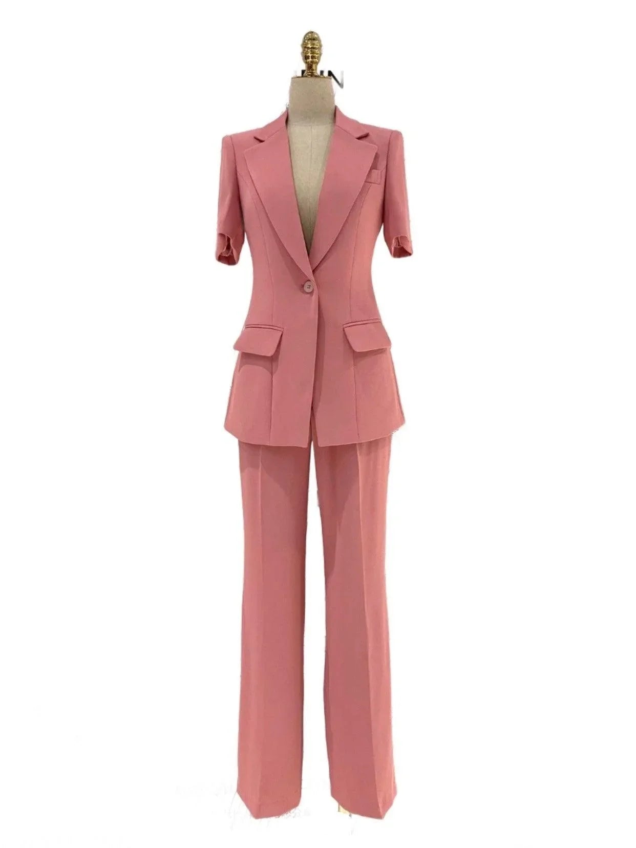 Pink Short-Sleeved Women Pant Suit, Thin Fabric Wide-Leg Pants -Guocali