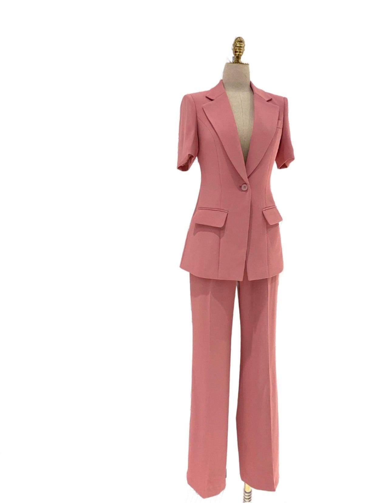 Pink Short-Sleeved Women Pant Suit, Thin Fabric Wide-Leg Pants - Pantsuit - Guocali