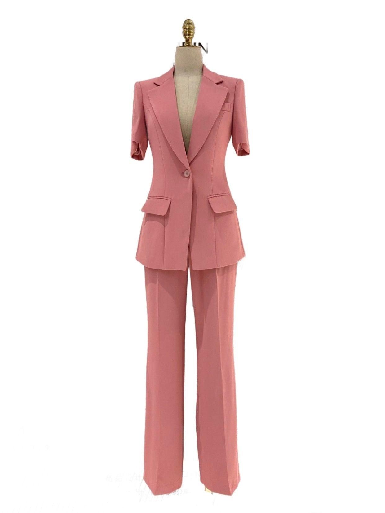 Pink Short-Sleeved Women Pant Suit, Thin Fabric Wide-Leg Pants - Pantsuit - Guocali