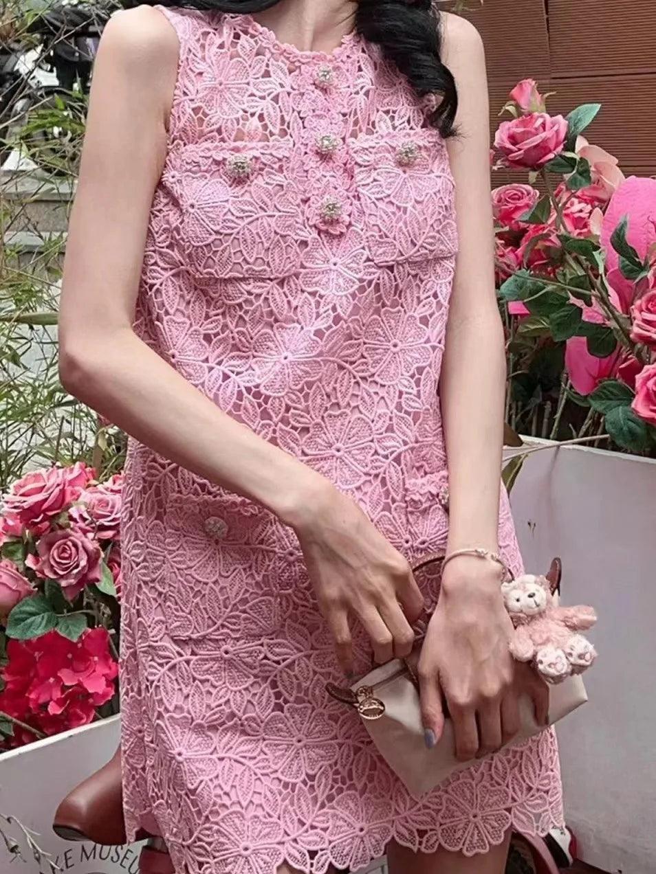 Pink Sleeveless Lace Dress - Short Dress - Guocali