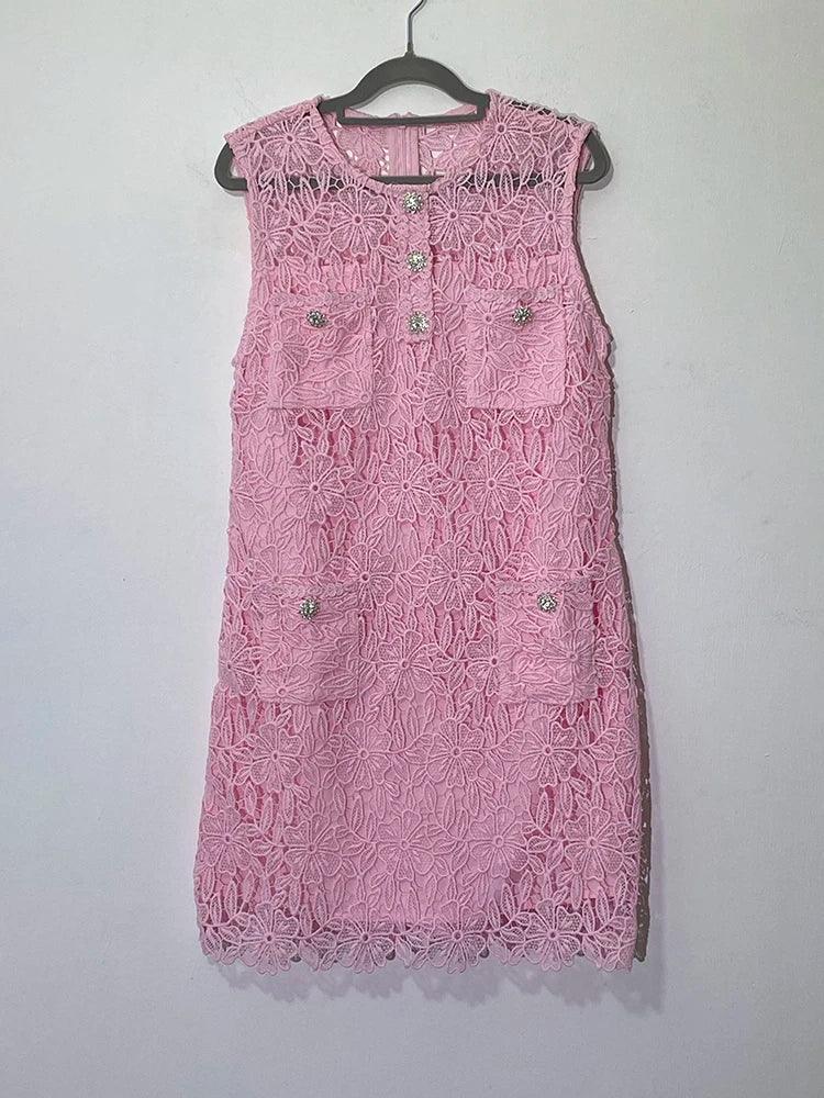 Pink Sleeveless Lace Short Dress - Short Dress - Guocali