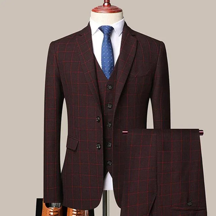 Plaid 3-Piece Men’s Suit - Business Style Elegance -Guocali