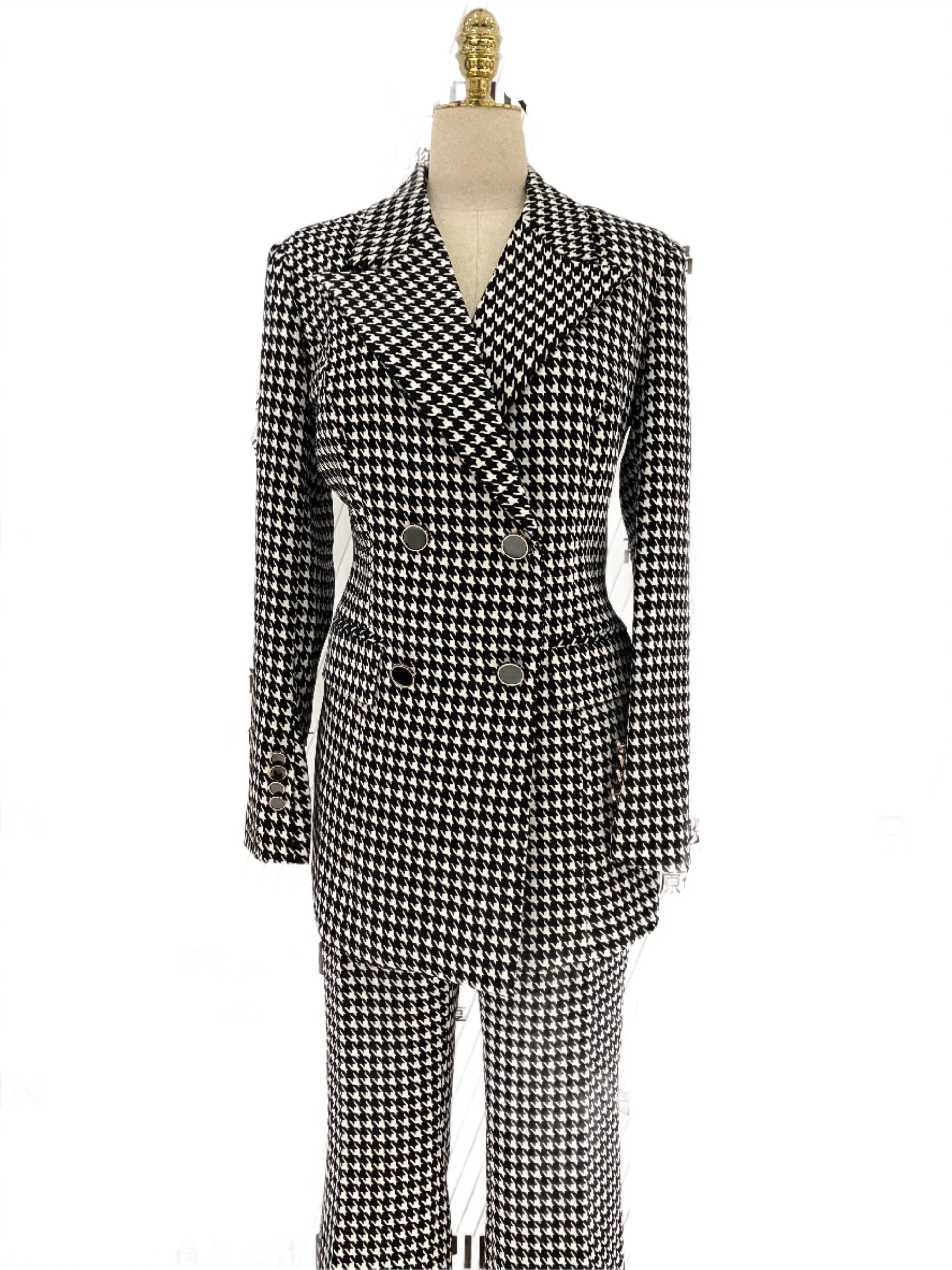Plaid Double Breasted Women Pant Suit -Guocali