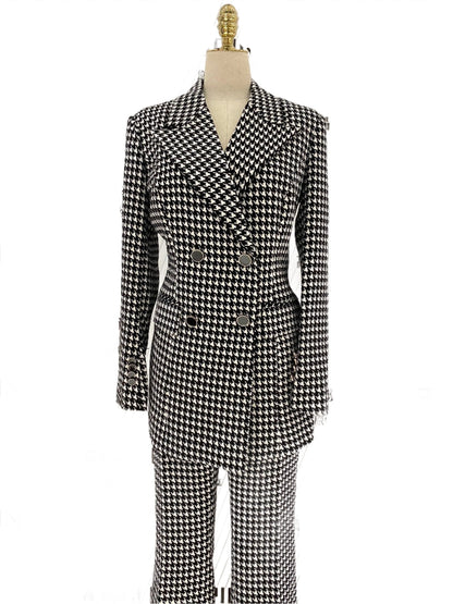 Plaid Double Breasted Women Pant Suit -Guocali