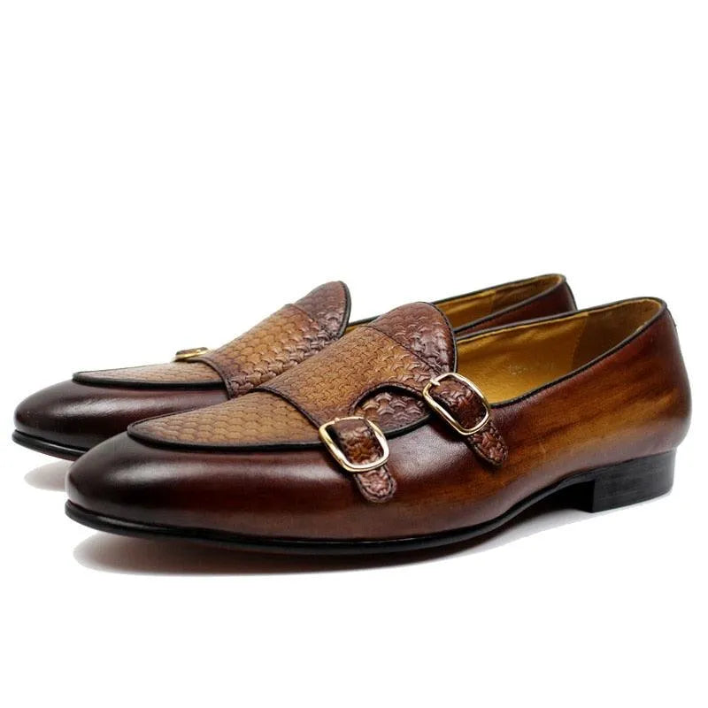 Plaid Monk Strap Leather Loafers - Loafer Shoes - Guocali