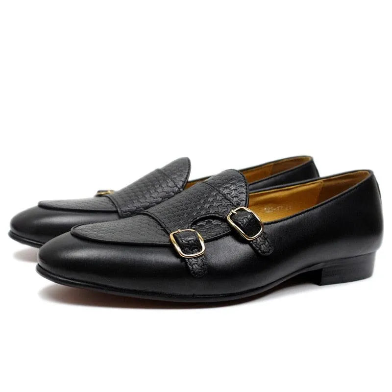 Plaid Monk Strap Leather Loafers - Loafer Shoes - Guocali