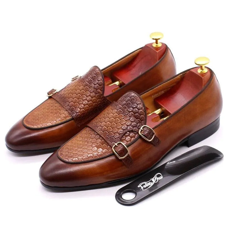 Plaid Monk Strap Leather Loafers - Loafer Shoes - Guocali