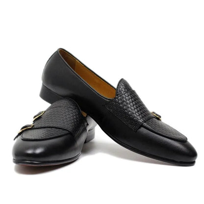 Plaid Monk Strap Leather Loafers - Loafer Shoes - Guocali