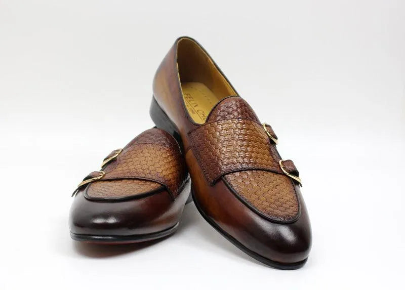 Plaid Monk Strap Leather Loafers - Loafer Shoes - Guocali