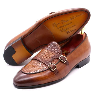 Plaid Monk Strap Leather Loafers - Loafer Shoes - Guocali