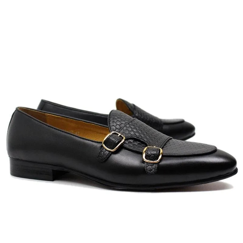 Plaid Monk Strap Leather Loafers - Loafer Shoes - Guocali