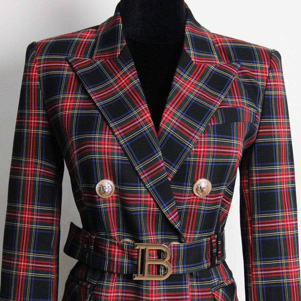 Plaid Women Blazer Dress With Belt - Blazer Dress - Guocali