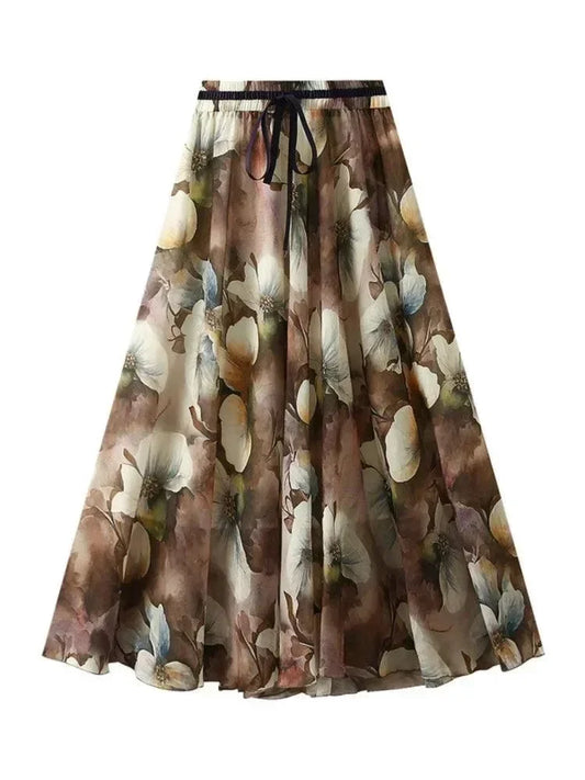 Print Skirt Lace Up Waist -Guocali