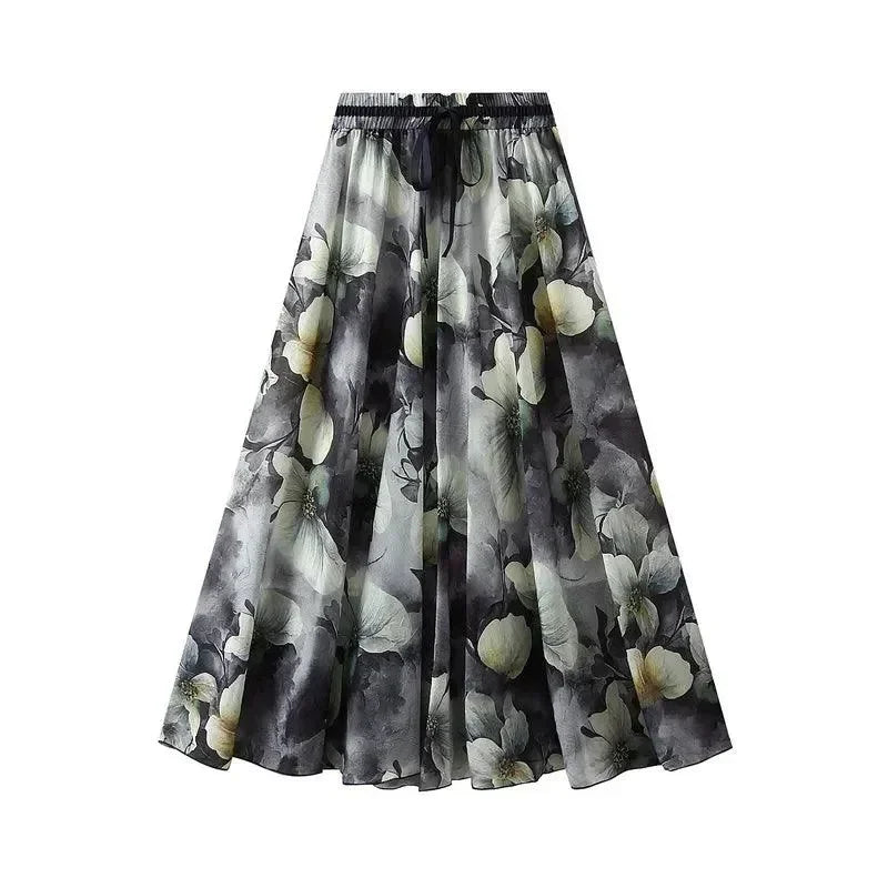 Print Skirt Lace Up Waist -Guocali