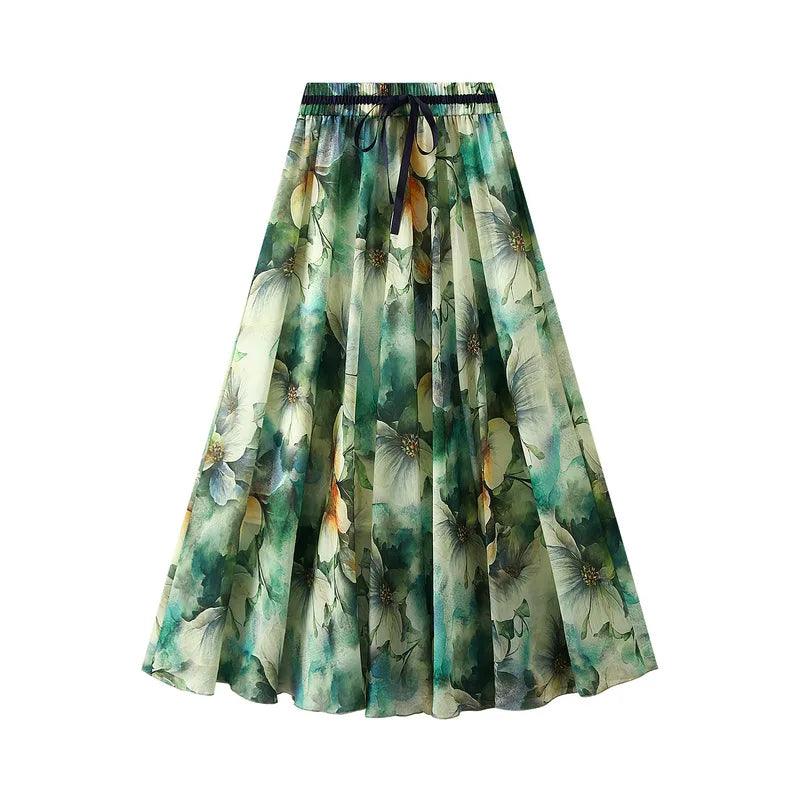 Print Skirt Lace Up Waist - A-Line Skirt - Guocali