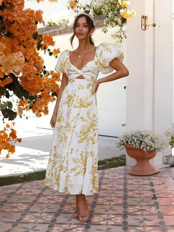 Printed Puff Sleeve Swing Summer Dress -Guocali