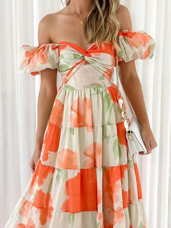 Printed Puff Sleeve Swing Summer Dress