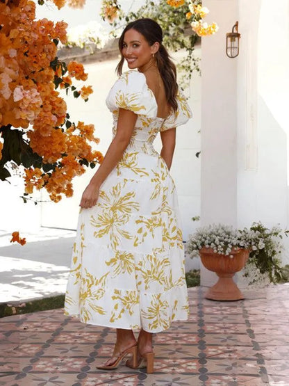 Printed Puff Sleeve Swing Summer Dress -Guocali