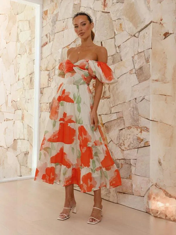 Printed Puff Sleeve Swing Summer Dress -Guocali