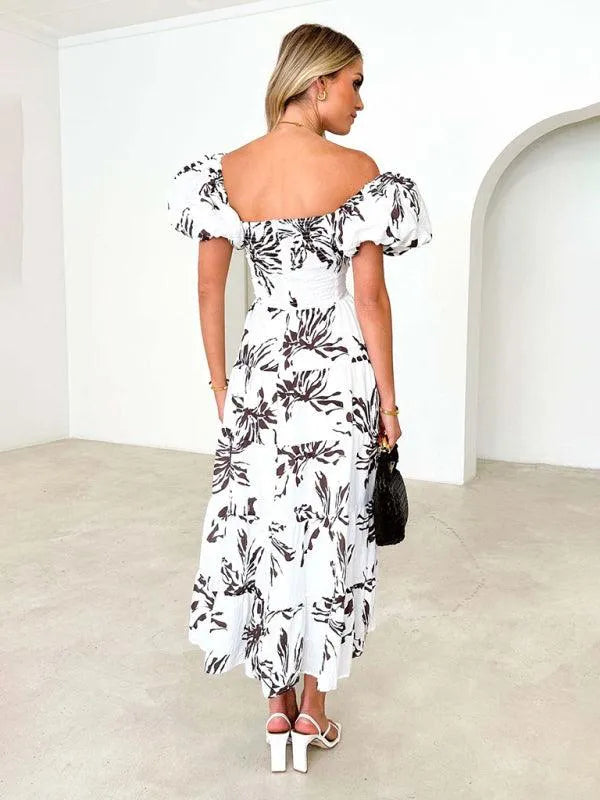 Printed Puff Sleeve Swing Summer Dress -Guocali