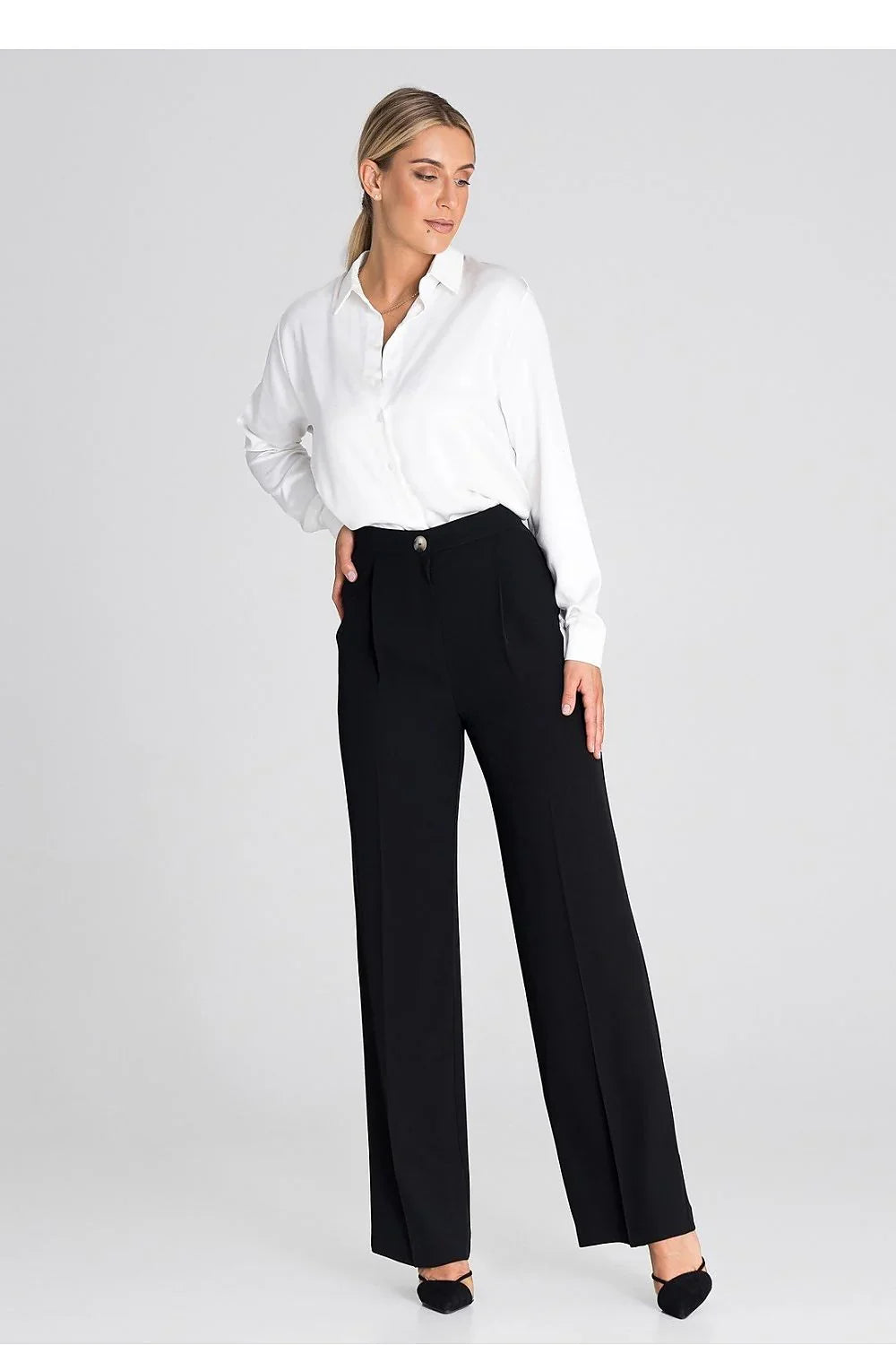 Professional Women's Wide-Leg Pants – High-Rise Button Front -Guocali