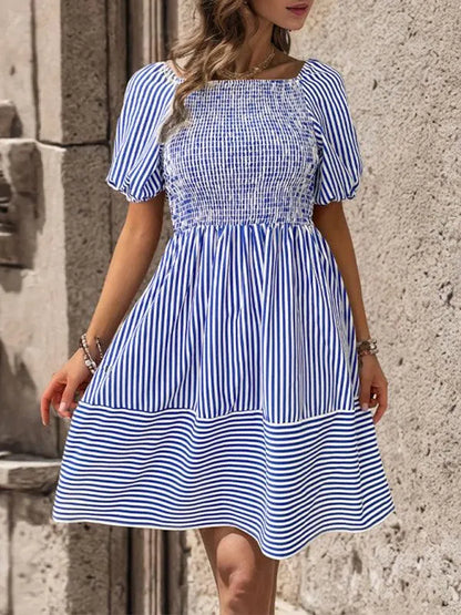 Puff Sleeve Striped Backless Dress -Guocali