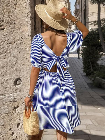 Puff Sleeve Striped Backless Dress - Backless Dress - Guocali