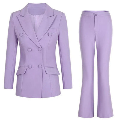 Purple Double-Breasted Suit - Women Flared Pantsuit -Guocali