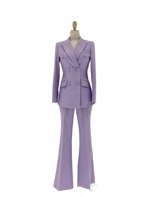 Purple Double-Breasted Suit - Women Flared Pantsuit - Pantsuit - Guocali