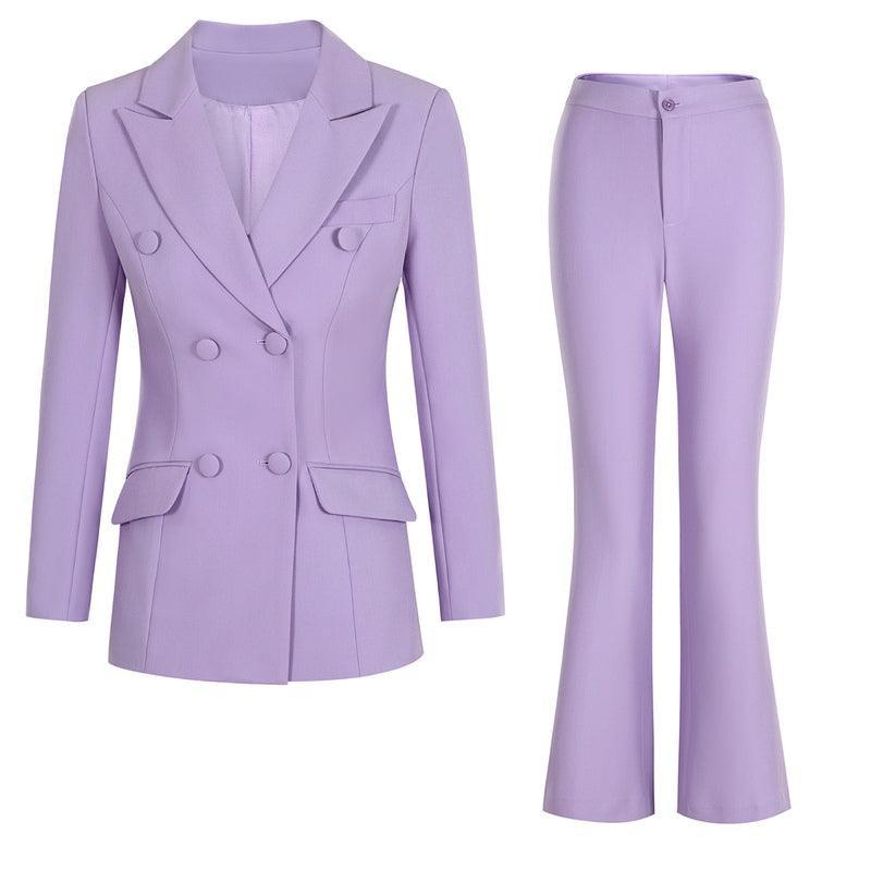 Purple Double-Breasted Suit - Women Flared Pantsuit - Pantsuit - Guocali