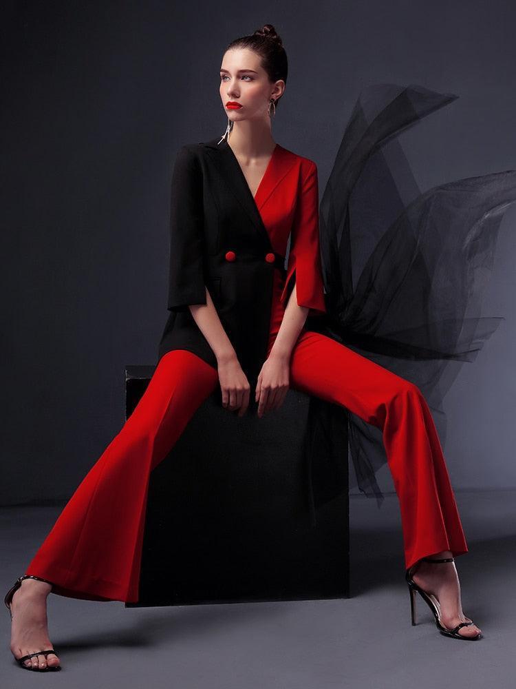 Red-Black Pantsuit With Detachable Veil - Women Trouser Suits - Trouser Suit - Pantsuit - Guocali