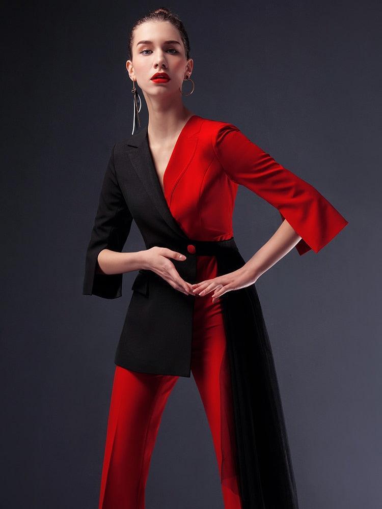 Red-Black Pantsuit With Detachable Veil - Women Trouser Suits - Trouser Suit - Pantsuit - Guocali