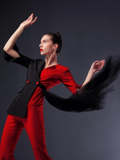 Red-Black Pantsuit With Detachable Veil - Women Trouser Suits - Trouser Suit - Pantsuit - Guocali