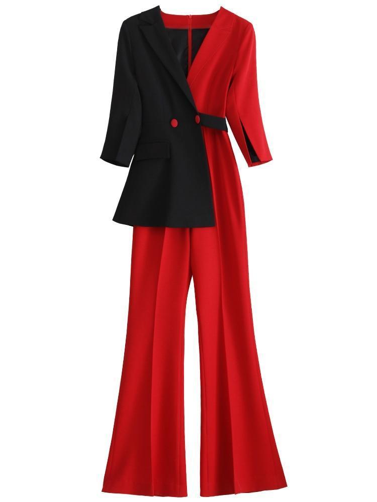 Red-Black Pantsuit With Detachable Veil - Women Trouser Suits - Trouser Suit - Pantsuit - Guocali