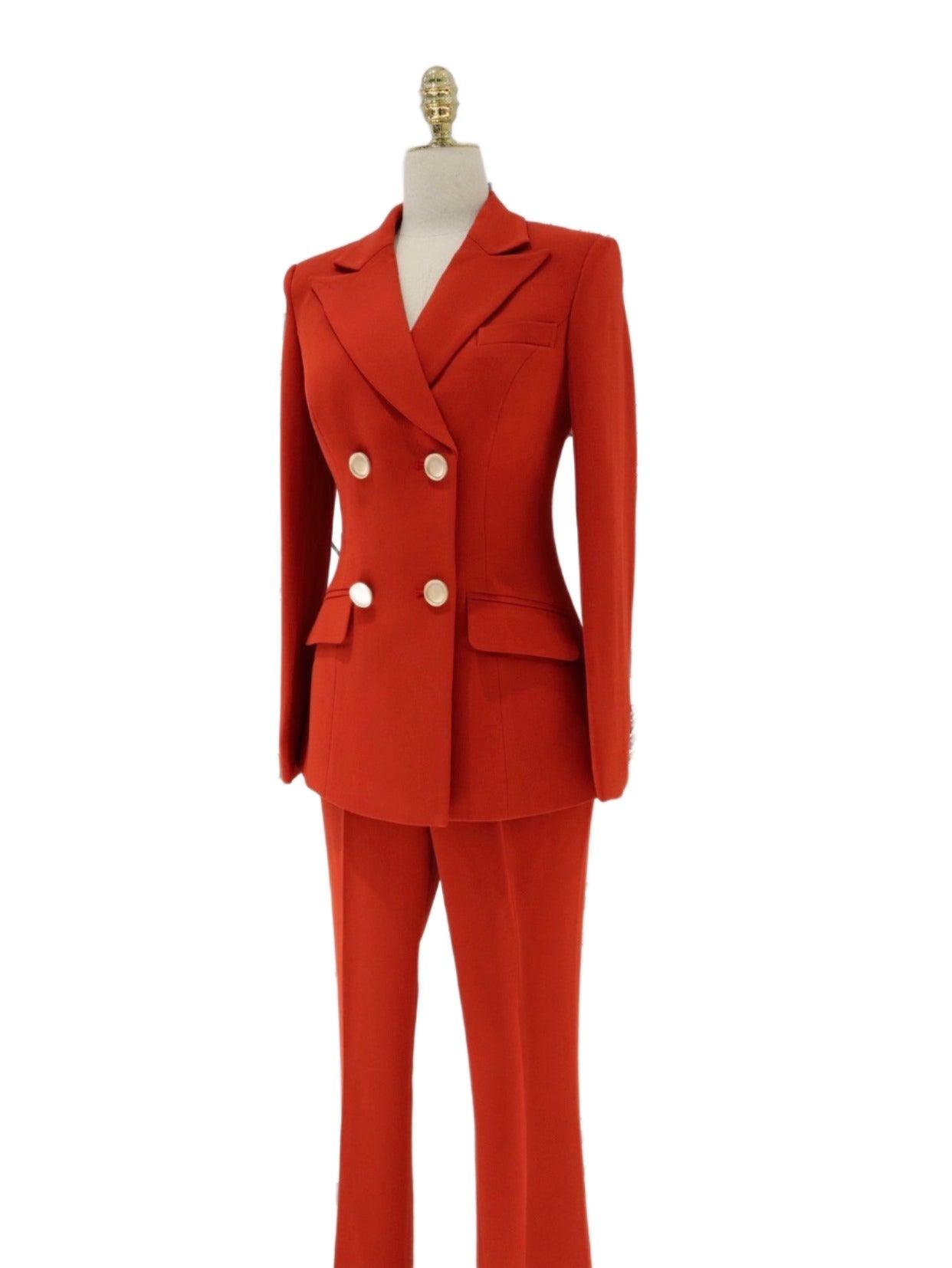 Red Double-Breasted Trouser Suit - Women Flared Pants Suit - Pantsuit - Guocali