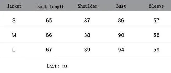 Size chart for women's jackets showing small, medium, and large with measurements in cm.
