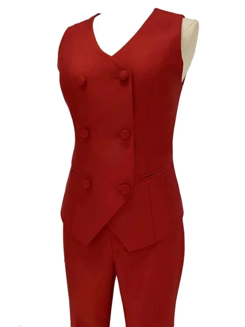 Red Three-piece Trouser Suit - Slim Fit Women Suit -Guocali
