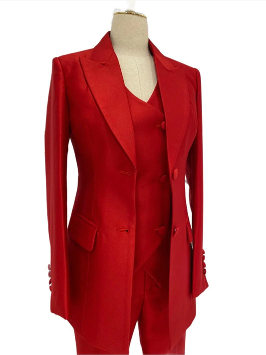 Red Three-piece Trouser Suit - Slim Fit Women Suit -Guocali