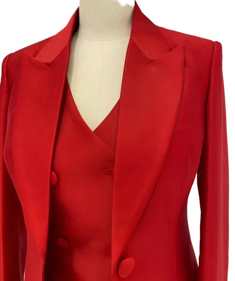 Red Three-piece Trouser Suit - Slim Fit Women Suit -Guocali