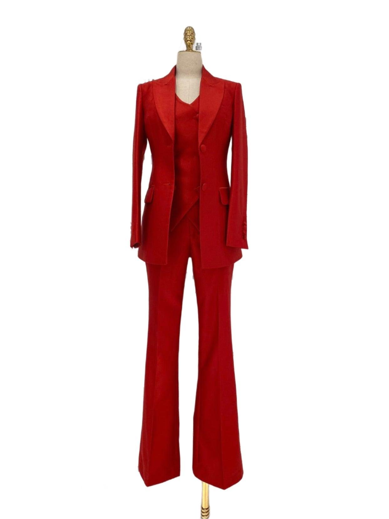 Red Three-piece Trouser Suit - Slim Fit Women Suit - Pantsuit - Guocali