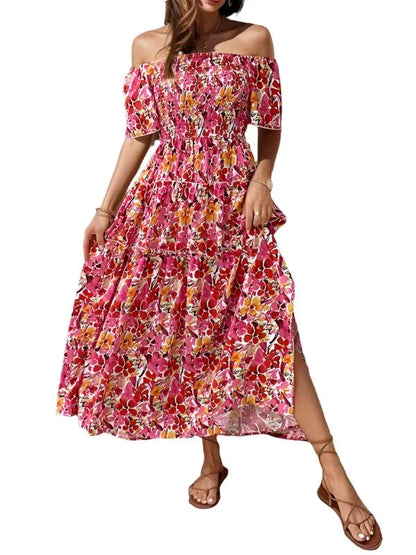 Resort Style off-Shoulder Printed Dress -Guocali