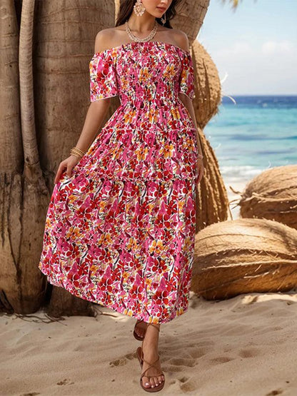 Resort Style off-Shoulder Printed Dress - One-Shoulder Dress - Guocali