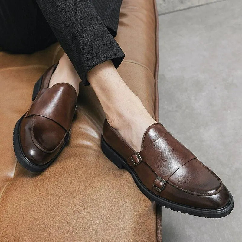 Men Apron Toe Dress Loafers - Buckles Monk Strap Formal Dress Shoes