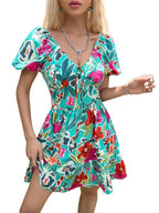Ruffled V-Neck Smocked Printed Dress -Guocali