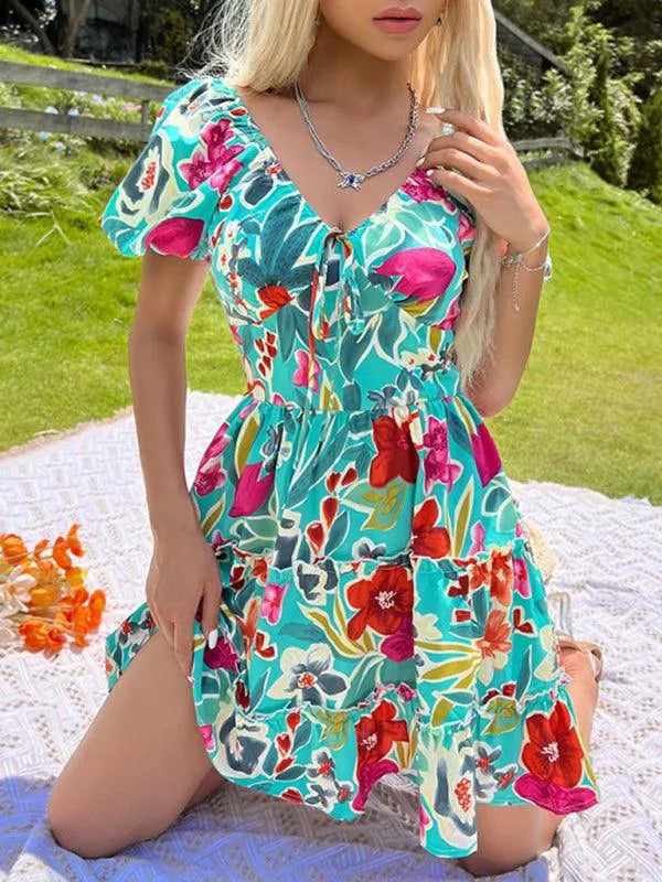 Ruffled V-Neck Smocked Printed Dress -Guocali