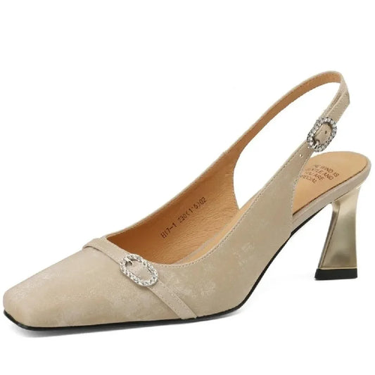 Sandals Women Sandals Leather Slingback Heels -Guocali