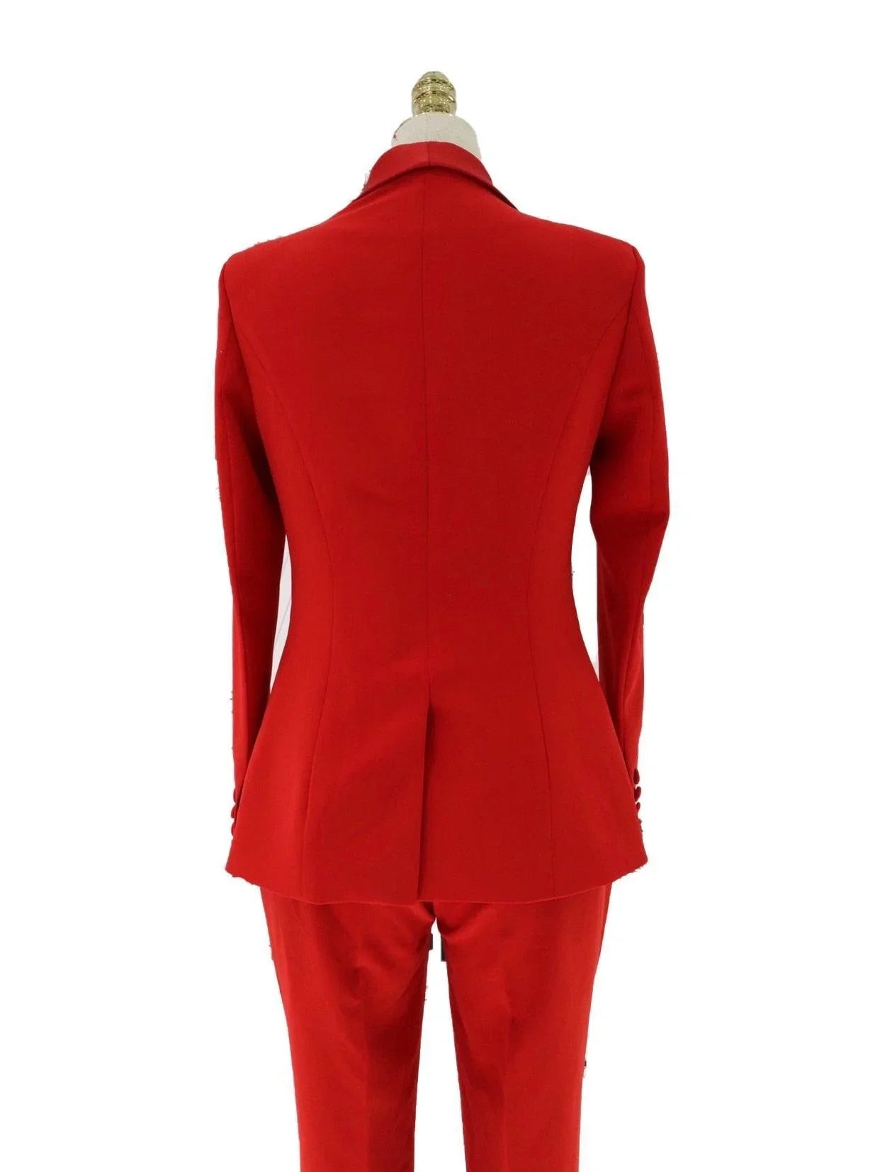 Back view of red satin lapel collar women's pant suit on mannequin