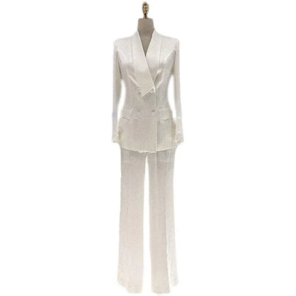 White satin wide-leg double-breasted women's pantsuit on a mannequin