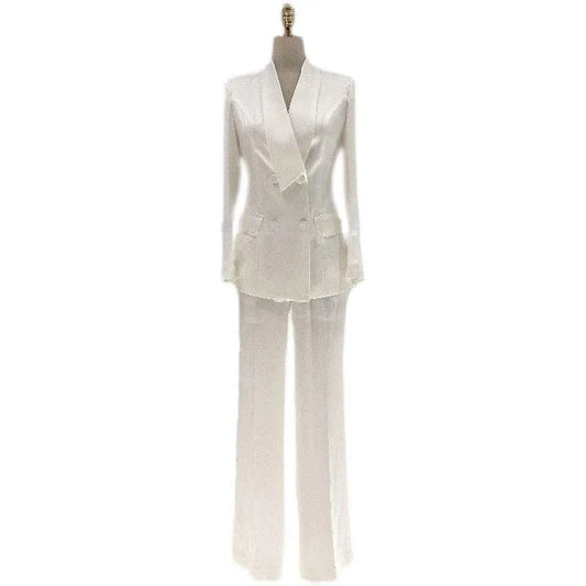 White satin wide-leg double-breasted women's pantsuit on a mannequin